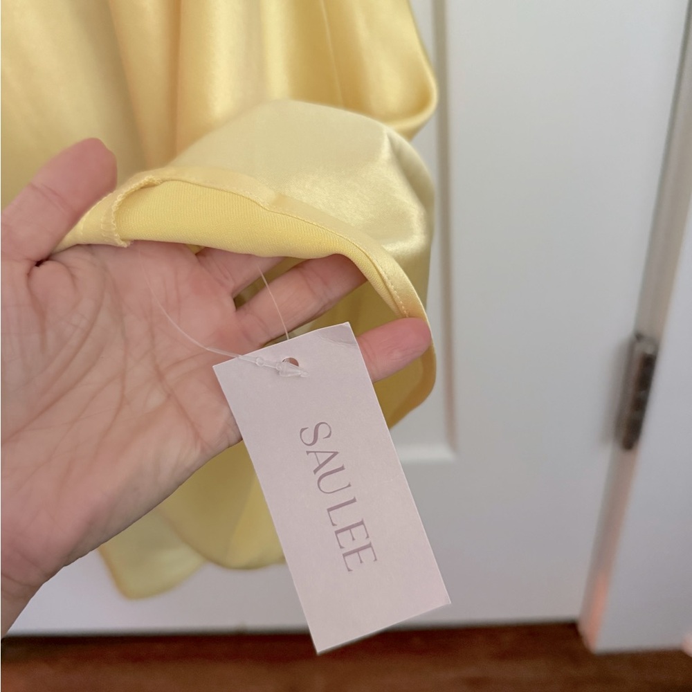 SAU Lee Pearl Plunging Cowl Neck Satin Gown Popcorn Yellow NEW with tags - Picture 6 of 8